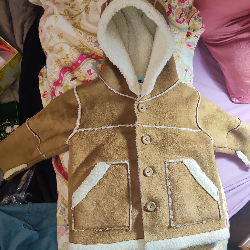 Old Navy  button up coat with hood. Infant size 12 to 18 months.
